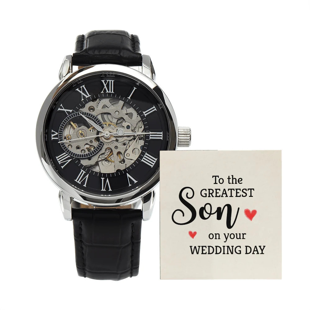 To The Greatest Son Men's Openwork Skeleton Automatic Watch Message Card